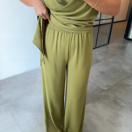 KRUVAZE ASİMETRİK BLUZ PANTOLON YEŞİL TAKIM