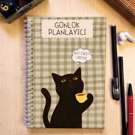 Coffee Cat Günlük Planlayıcılı Not Defteri - Modern Tasarım, Sert Kapaklı