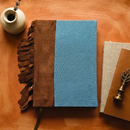 Püsküllü Denim - Suet Sırtlı ve Kumaş Ciltli El Yapımı Defter