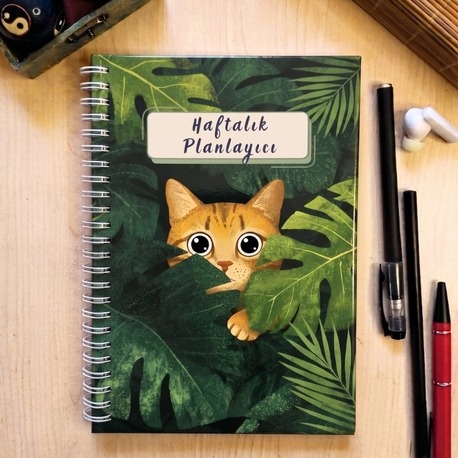 Ginger Cat Haftalık Planlayıcılı Not Defteri - Modern Tasarım, Sert Kapaklı