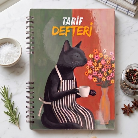 Şef Kedi Tarif Defteri - El Yapımı Spiral Sert Kapak Tarif Defteri - 50 Tarif