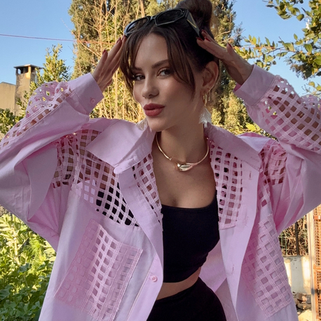 Oversize Kesim Kare File Detaylı Pembe Gömlek