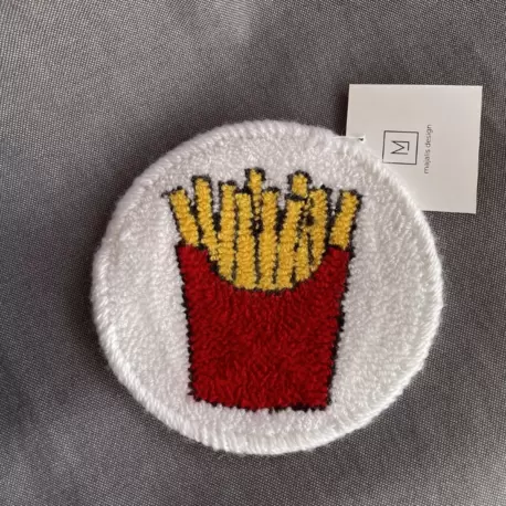 Punch Bardak Altlığı, Çift Taraflı, French Fries Desenli Yuvarlak Formlu, Beyaz