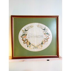 1930s “Bonheur” French Embroidery on Silk Wall Art