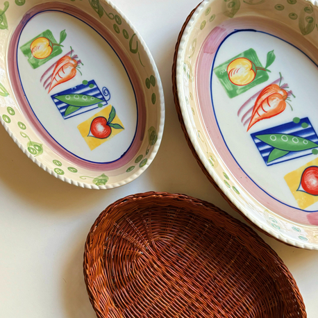Vintage Veggies Oven Dishes with Rattan Trivet