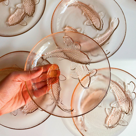 80’s Pink Koi Fish Embossed Glass Plates 