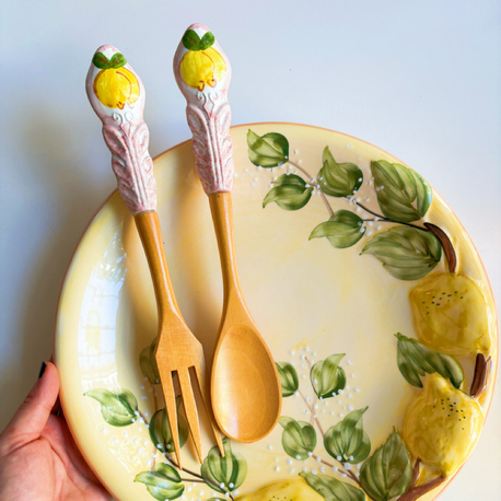 Italian Handmade Wooden Salad Servers with Ceramic Handles