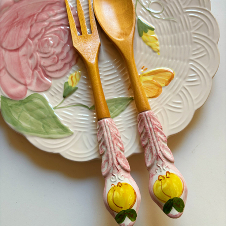 Italian Handmade Wooden Salad Servers with Ceramic Handles 