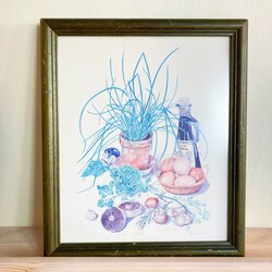 Vintage Art Print with Green Wooden Frame