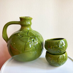1970’s Forest Green Handmade Ceramic Carafe and Cups