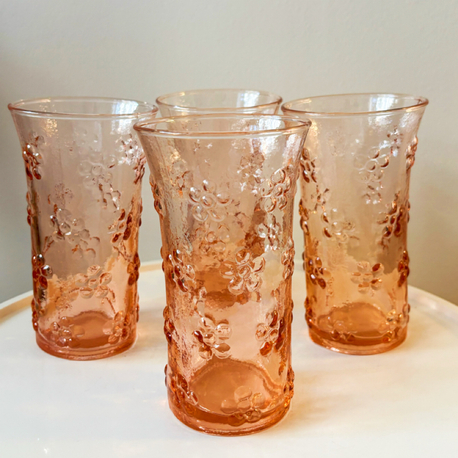 80’s Pink Glass Flower Embossed Tumblers