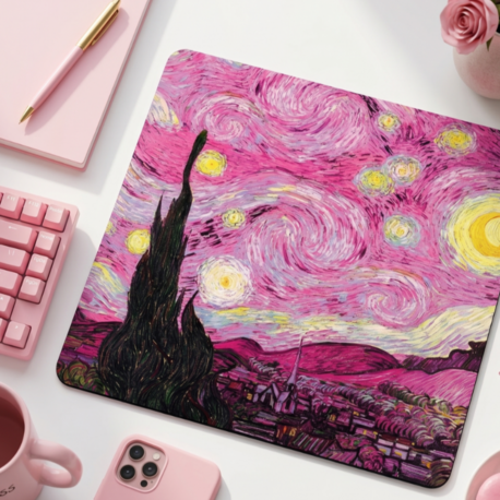 Pembe Yıldızlı Gece Sanatsal Mousepad – Aesthetic Van Gogh Tarzı Desenli