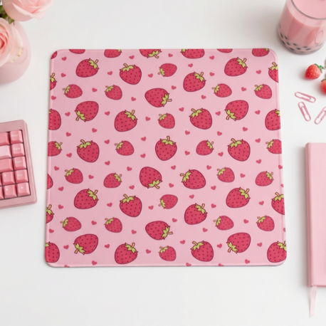 Çilek Desenli Mousepad – Kawaii Aesthetic Strawberry Mouse Pad, Pembe Masa Aksesuarı