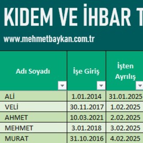 Excel Toplu Kıdem ve İhbar Tazminatı Hesaplama