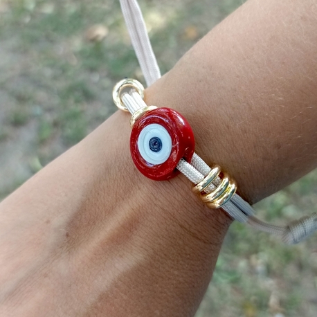 Bordo Cam Boncuk Detaylı Bej İp Bileklik