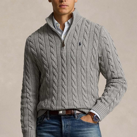 RL Gri Half-Zip %100 Cotton Knitwear 