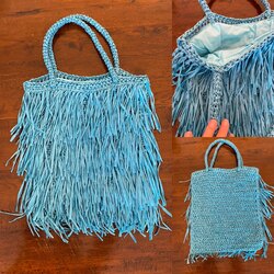 Turkuaz mavi  püsküllü raffia çanta