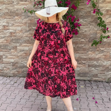 Pembe Siyah Büyük Beden Viskon Elbise