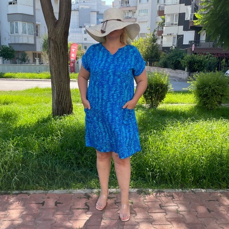 Mavi Turkuaz Cepli Viskon Elbise