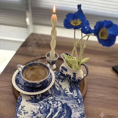 Klasik Mavi Floral Desenli 4 Parça Antika Kahve Fincanı Seti (Sütlük ve Mum Altlığı İlaveli)