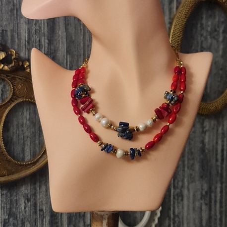 Mercan, Lapis Lazuli, Hematit ve İnci Kolye