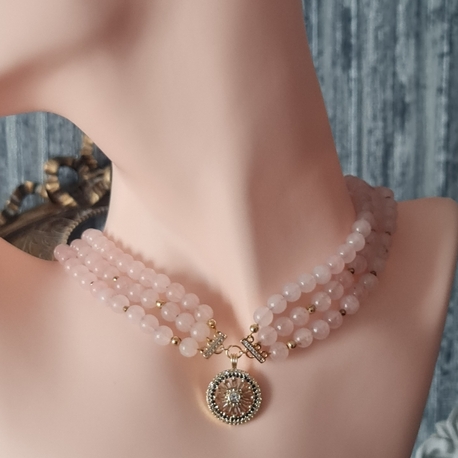 Pembe Kuvars Doğaltaş Tasarım Kolye