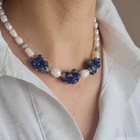 Gerçek İnci ve Lapis Lazuli Doğaltaş Kolye