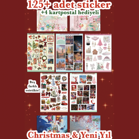  Christmas 5'li Aesthetic Sticker Seti (125+ adet) 4 adet Yeni Yıl Kartpostal Hediyeli Journal