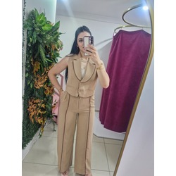 Hayal çizgili açık kahve kumaş yelek pantolon takım 