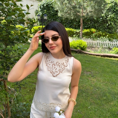 premium nakışlı tok penye bluz ekru