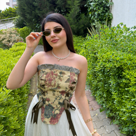 Çiçek desen korse haki 