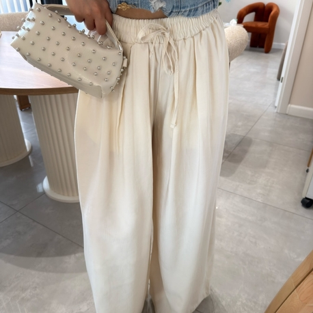 Beli latikli tensel pantolon ekru