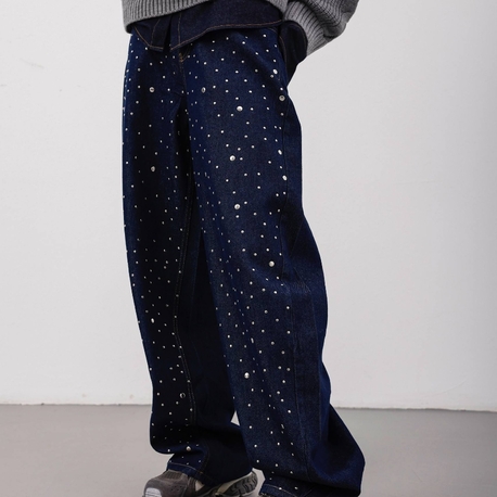 Parlak Zımbalı Baggy Jean Lacivert