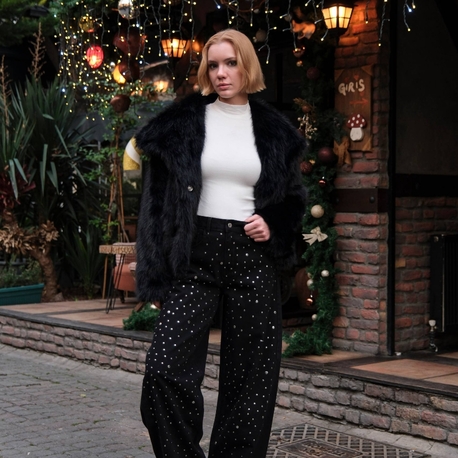 Parlak Zımbalı Baggy Jean siyah