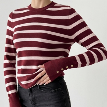 Çizgili Kolları Düğmeli Triko Bluz Bordo