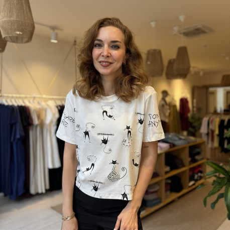 İpekyl Taşlı Kedili Tshirt (BEYAZ)