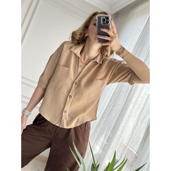 Kısa Kollu Keten Gömlek (Camel)