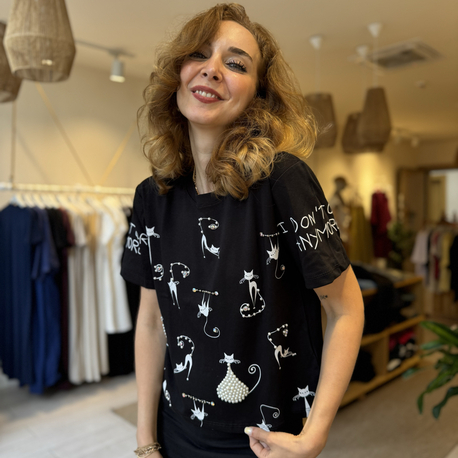 İpekyl Taşlı Kedili Tshirt (SİYAH)