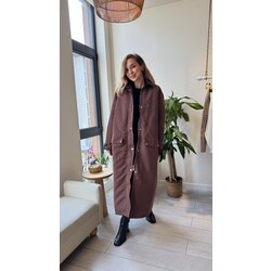 Deri Detaylı Uzun Oversize Mont