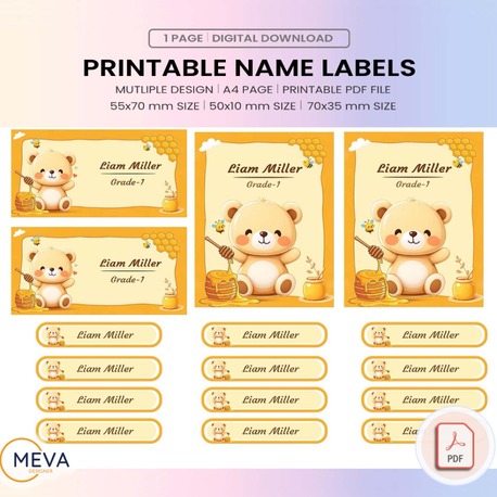 Cute Bear Printable School Name Labels PDF | Personalized Kids Stickers with Name & Grade | Back