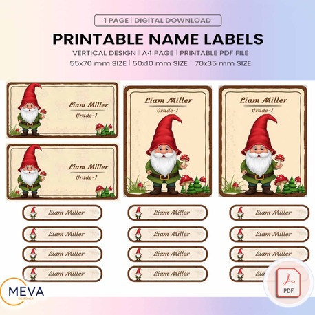 Personalized Gnome Name Labels, Printable School Stickers, Custom Kids Name Tags, Whimsical Back to 