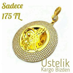 Tuğralı 22 Ayar Altın Kaplama 925 Ayar El işi Gümüş Kolye
