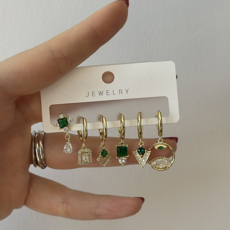Çelik 6'lı Küpe Set (Zümrüt Yeşili)