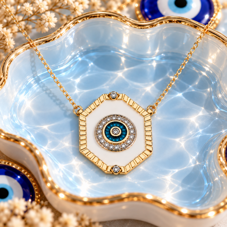 Kolye 14K Gold 45+5 cm – Nazar Gözü, Beyaz Mine, Taş Çerçeve, Kararmaz