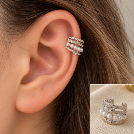 Silver Taşlı İncili Kaburga Kıkırdak Küpe – Yıldız Detaylı Ear Cuff, Kararmaz