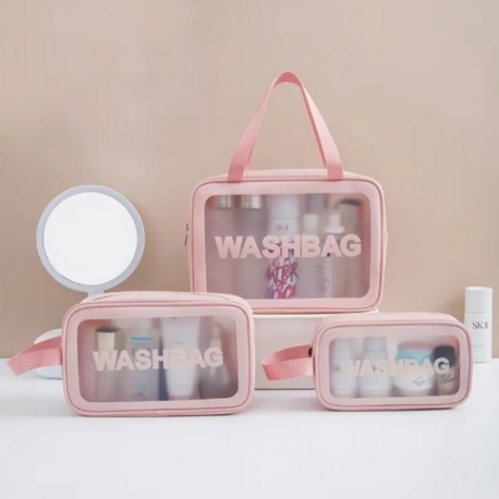 Seyahat makyaj çantası washbag taşınabilir su geçirmez 3'lü çanta seti pembe