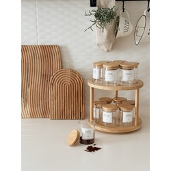 Bambu Dönen Stantlı 14 Adet 250 ML Bambu Vakum Kapaklı Cam Baharatlık Takımı+14 Kaşık