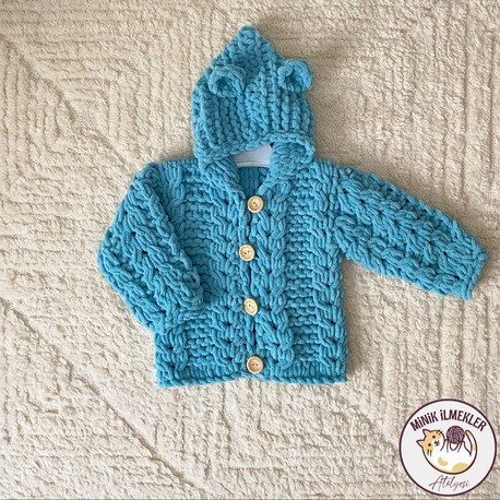 Bebek Kapüşonlu Hırka – Krem, 1 Yaş – Alize Puffy, El Örgüsü
