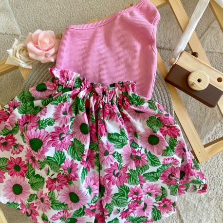 Kız Çocuk Çiçek Desenli 3'lü Takım – Etek Crop ve Bandana