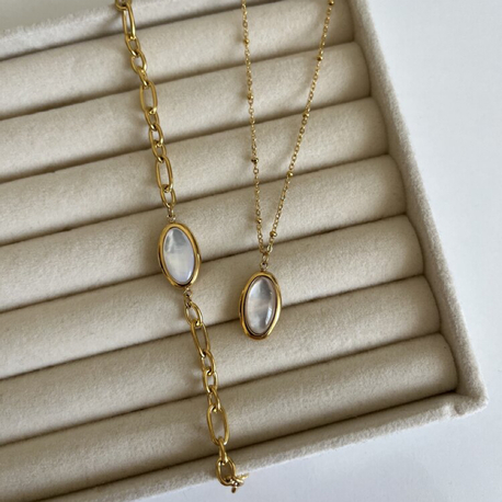 Oval Ay Taşlı Vintage Kolye | Çelik